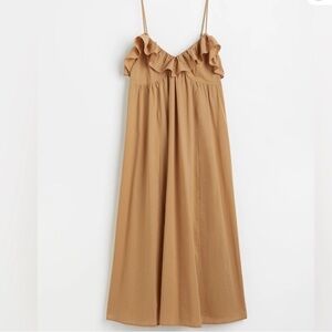 🪅 H&M Flounce Trim V Neck Ruffle Neckline Beige Maxi Dress XL spaghetti strap